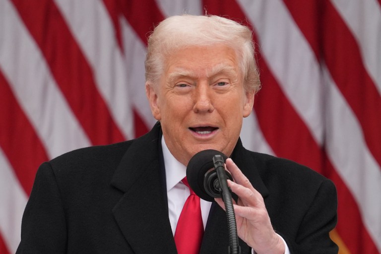 President Donald Trump speaks during a pardoning ceremony for the national Thanksgiving turkeys Waddle and Gobble in the Rose Garden of the White House, Tuesday, Nov. 25, 2025, in Washington. (AP Photo/Evan Vucci)