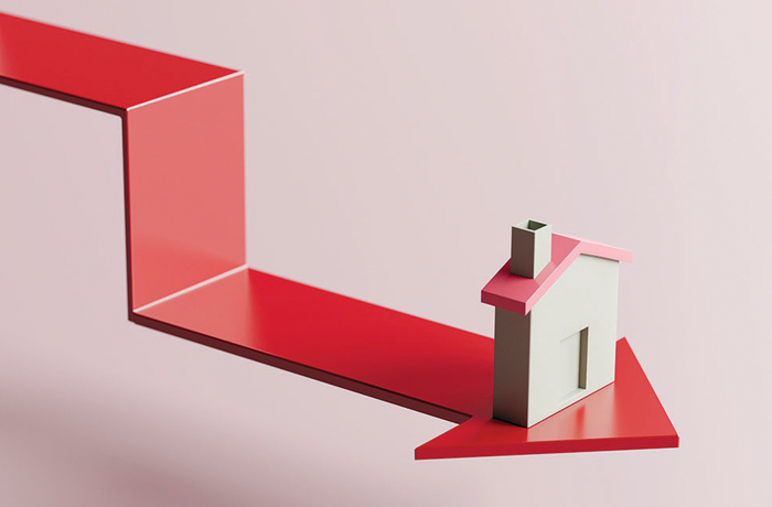 A graphic with an arrow descending and pointing past a house representing the housing crisis and inflation.