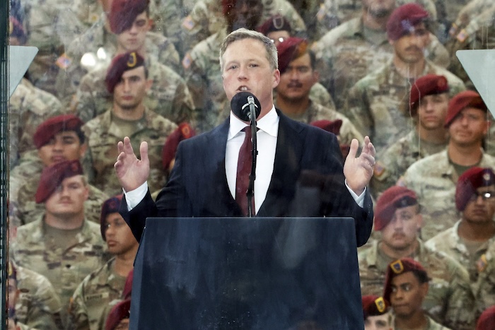 United States Secretary of the Army Dan Driscoll speaks at the America 250 celebration at Fort Bragg in Fayetteville, N.C., Tuesday, June 10, 2025.