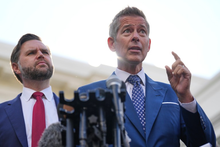 Transportation Secretary Sean Duffy speaks alongside Vice President JD Vance about the impact of the government shutdown on the aviation industry, outside of the West Wing of the White House, Thursday, Oct. 30, 2025, in Washington.
