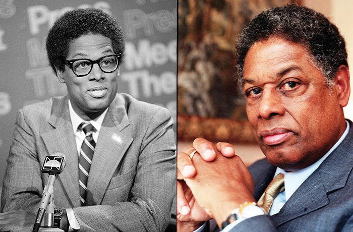 Left: Thomas Sowell as a guest on NBC’s Meet the Press, Sept. 20, 1981. Right: Thomas Sowell in 1997. (Taylor / AP; CHUCK KENNEDY / KRT / Newscom)