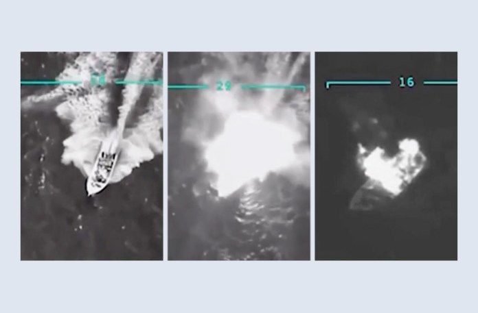 Declassified and released by President Donald Trump, the video from which these frames were taken shows a Sept. 2, 2025, attack by U.S. forces in the Caribbean on ‘a drug vessel which had departed from Venezuela,’ according to Secretary of State Marco Rubio. At left, the vessel travels at a high speed; at center, it is struck; and at right, it burns as it sinks. Trump said the 11 people aboard who were killed died in ‘international waters.’