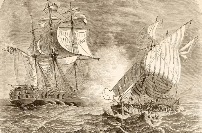 An engraving of an American naval vessel, left, capturing an Algerian pirate ship off the Barbary Coast during the First Barbary War, 1801-1805. (Universal History Archive / Getty Images)