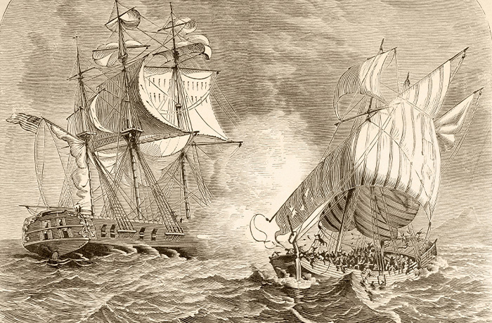An engraving of an American naval vessel, left, capturing an Algerian pirate ship off the Barbary Coast during the First Barbary War, 1801-1805. (Universal History Archive / Getty Images)