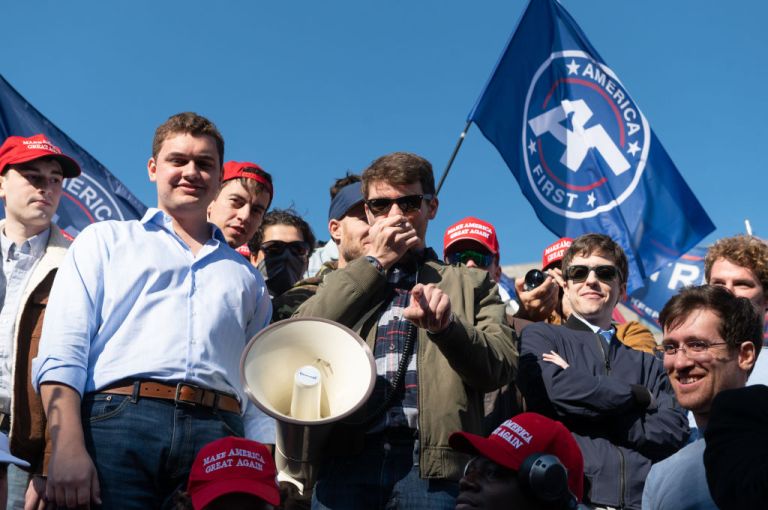Nick Fuentes, the leader of a Christian based extremist white nationalist group speaks to his followers, 'the Groypers.' in Washington D.C. on November 14, 2020 (Photo by Zach D Roberts/NurPhoto via Getty Images)
