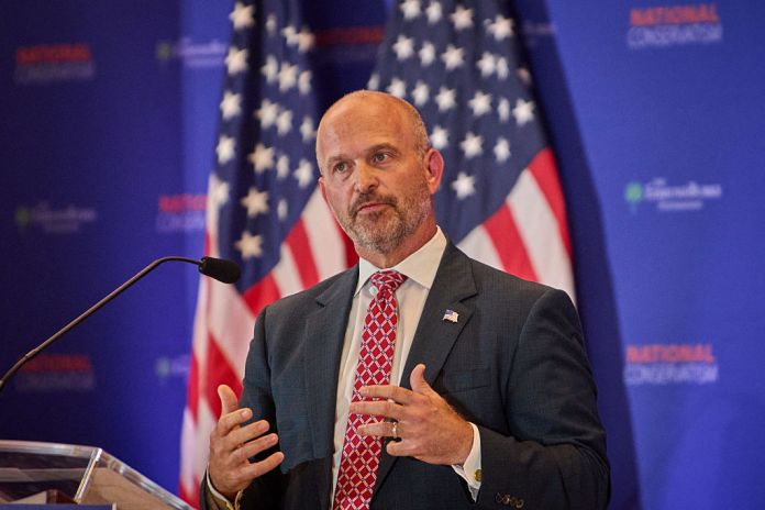 President of the Heritage Foundation Kevin Roberts speaks at the National Conservative Convention in Washington D.C., Sept. 2, 2025. (Photo by Dominic Gwinn / Middle East Images via AFP) (Photo by DOMINIC GWINN/Middle East Images/AFP via Getty Images)