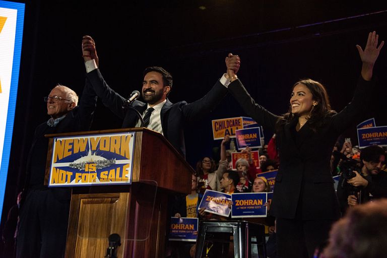 Over 13,000 people pack Forest Hills Stadium in Queens, New York, for mayoral candidate Zohran Mamdani's New York Is Not For Sale rally on October 26, 2025. As early voting begins and days before NYC's general election, Mamdani headlines the rally after speakers such as Alexandria Ocasio-Cortez and Bernie Sanders, among others. (Photo by Neil Constantine/NurPhoto via Getty Images)