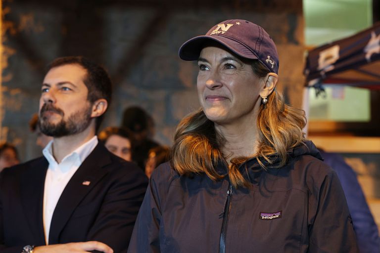 New Jersey Democratic gubernatorial candidate, U.S. Rep. Mikie Sherrill (D-NJ) attends a news conference with commuters at a train station where she addressed the Gateway Tunnel Project on Oct. 30, 2025 in New Jersey. Sherrill, who is running against Republican candidate Jack Ciattarelli for governor of New Jersey, was joined by former Transportation Secretary Pete Buttigieg. (Photo by Spencer Platt/Getty Images)