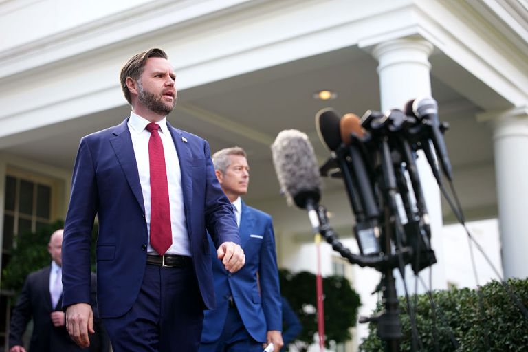 Vice President JD Vance and Transportation Secretary Sean Duffy walk to speak to reporters outside the White House on October 30, 2025 in Washington, D.C. Vance spoke following a roundtable discussion with members of the aviation industry and Transportation Secretary Sean Duffy on the impacts of the government shutdown. (Photo by Kevin Dietsch/Getty Images)