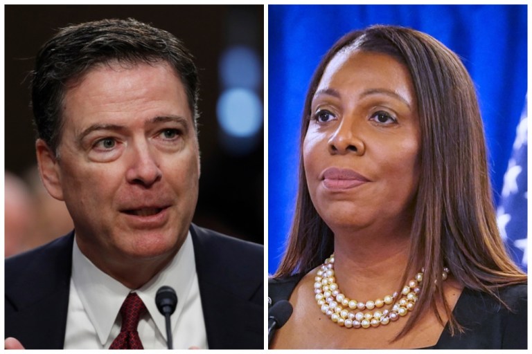 A collage of New York Attorney General Letitia James and former FBI Director James Comey.