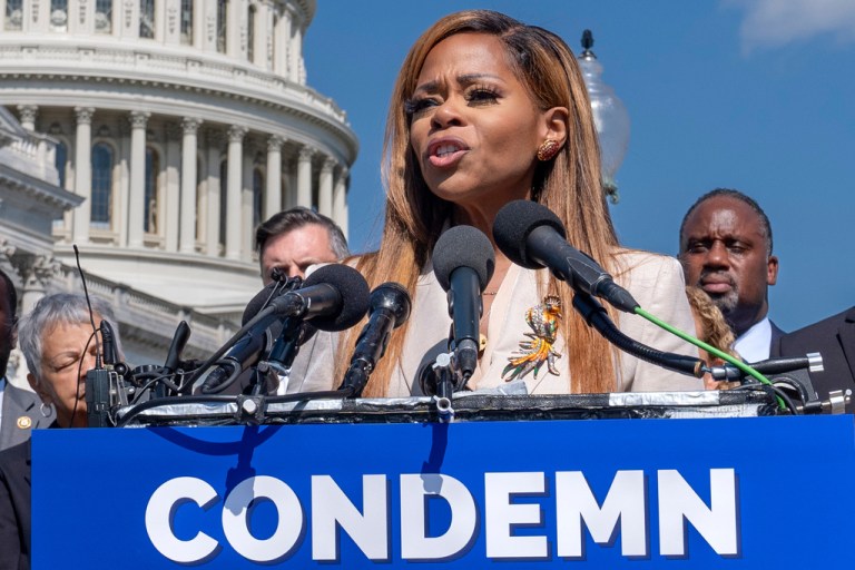 Rep. Sheila Cherfilus-McCormick, D-Fla., condemns hate speech and misinformation about Haitian immigrants during a news conference at the Capitol in Washington, Sept. 20, 2024.