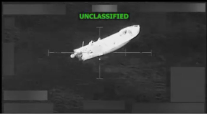 Screenshot of a purported U.S. military strike targeting an alleged drug smuggling vessel.