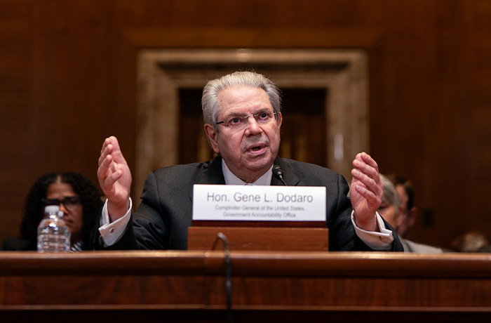 Gene L. Dodaro, US comptroller general at the Government Accountability Office (GAO) during a Senate Subcommittee on the Legislative Branch hearing in Washington, DC on April 29. (Al Drago/Bloomberg via Getty Images)