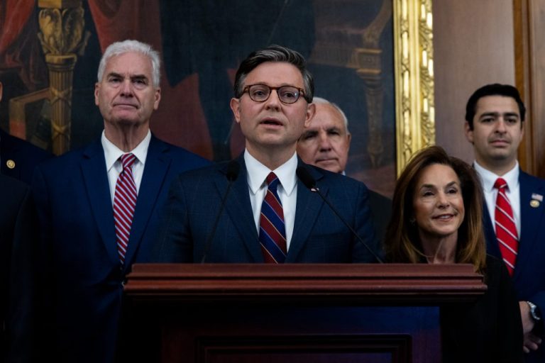 House Speaker Mike Johnson (R-LA) speaks at a press conference.