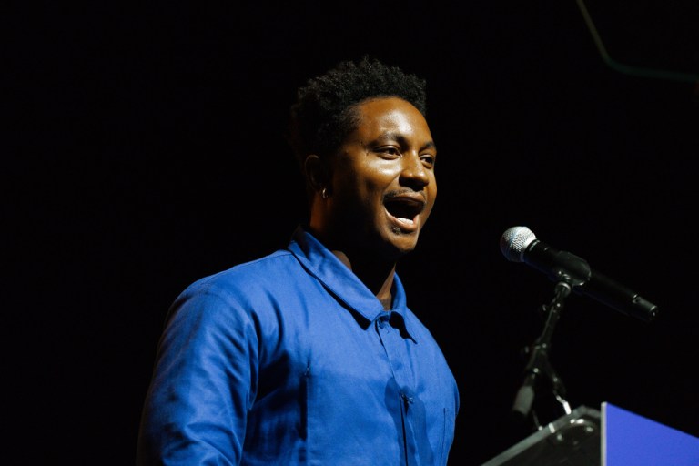 Osse speaks during an event for Zohran Mamdani