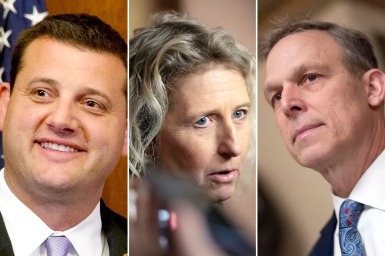 The Democratic Congressional Campaign Committee is launching a four-figure ad buy against seven House GOP districts, including those held by Reps. David Valadao (R-CA), left, Jen Kiggans (R-VA), center, and Scott Perry (R-PA). (Associated Press photos)