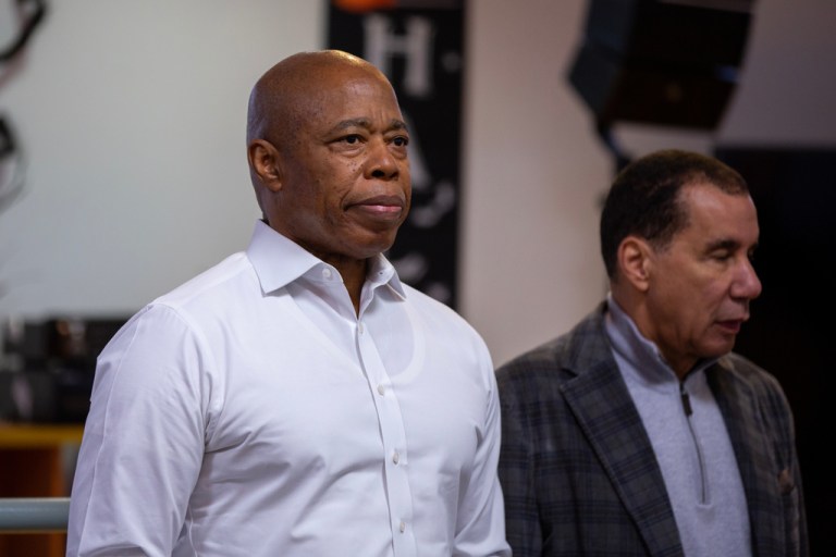 New York Mayor Eric Adams and former New York Gov. David Paterson at an Andrew Cuomo campaign event at a senior center.