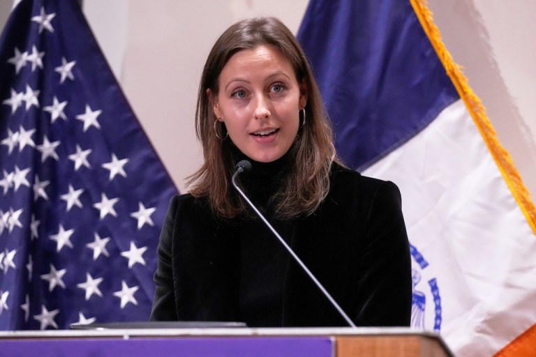 Elle Bisgaard-Church speaks during a press conference in New York City.