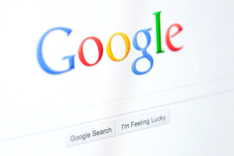 Google Website home page with the Google logo and search bar. Google is a powerful search engine.