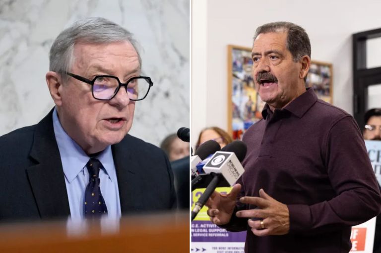 (L) Dick Durbin, D-Ill., gives an opening statement before the Senate Judiciary Committee, (R) Congressman Jesus 
