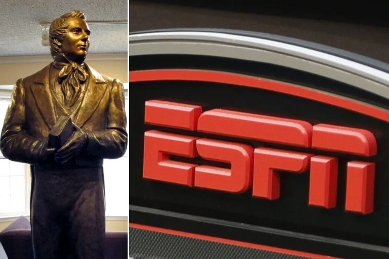 A collage of a statue of Mormon founder Joseph Smith and the ESPN logo.