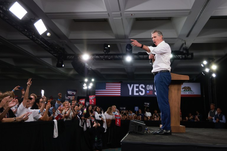 Gov. Gavin Newsom (D-CA) speaks during a campaign event on Proposition 50.