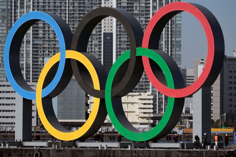 The Olympic rings are pictured.