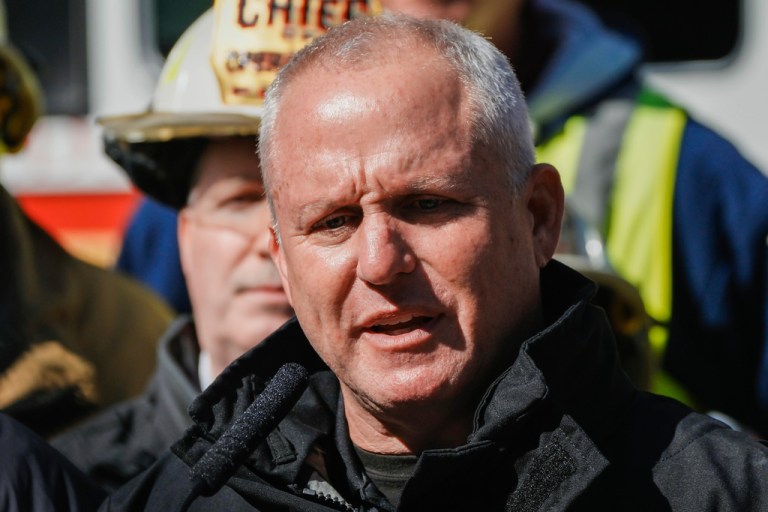 New York City Fire Commissioner Robert Tucker speaks during a news conference after the incinerator shaft of a building collapsed in the Bronx borough of New York.