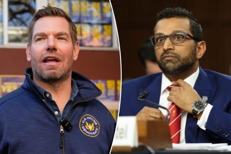 A collage of Rep. Eric Swalwell (D-CA) and FBI Director Kash Patel.