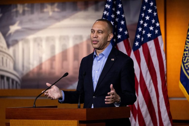 House Minority Leader Hakeem Jeffries (D-NY) speaks to reporters during a press conference.