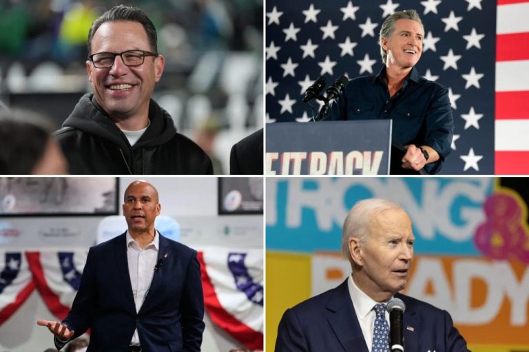 A collage of Gov. Josh Shapiro (D-PA), Gov. Gavin Newsom (D-CA), former President Joe Biden, and Sen. Cory Booker (D-NJ).