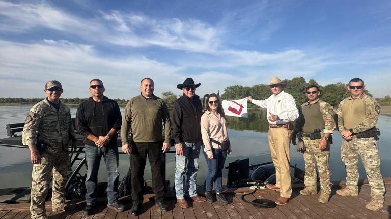 First Nation police chiefs join Texas Department of Public Safety marine units to patrol the Rio Grande River in Hidalgo County, Texas. L-R: Dwayne Zacharie, President of the First Nations Chiefs of Police Association, Ranatiiostha Swamp, Chief of Police of the Akwesasne Mohawk Territory, Brooks County Sheriff Benny Martinez, Jamie Tronnes, Center for North American Prosperity and Security, Goliad County Sheriff Roy Boyd. Photo: Bethany Blankley for The Center Square
