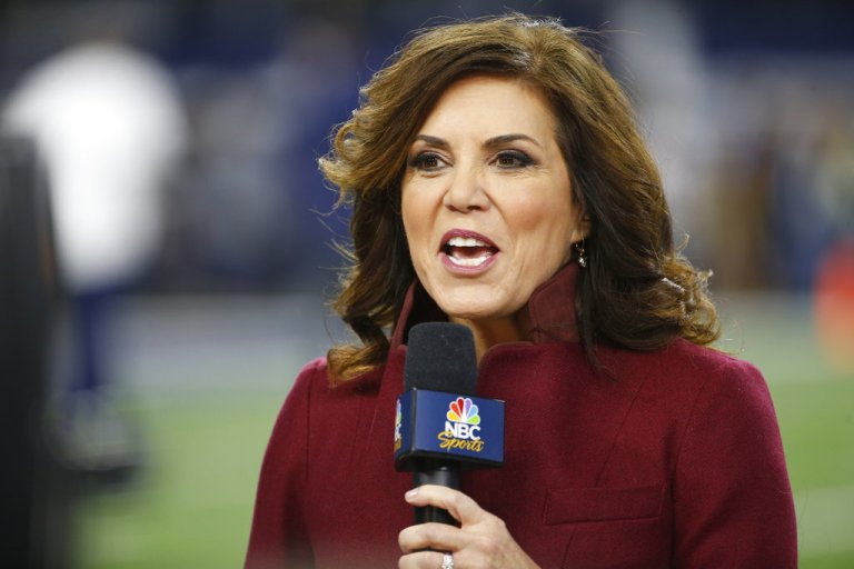 NBC sideline reporter Michele Tafoya talks before an NFL game.