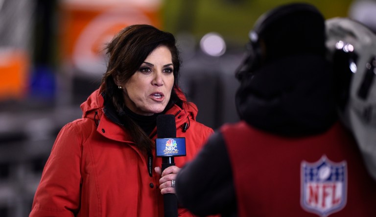 Sportscaster Michele Tafoya reports during the first half of an NFL football game between the Philadelphia Eagles and the Washington Football Team.