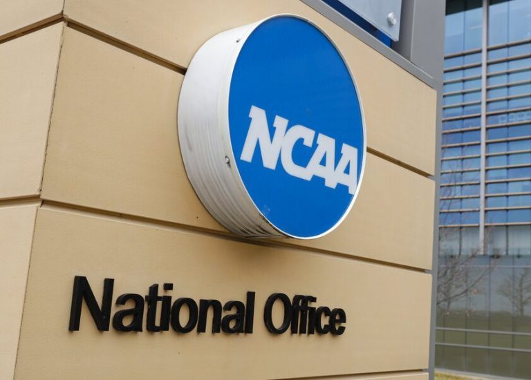 An NCAA sign on the national office.