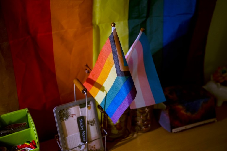 Pride flags are displayed in the bedroom of high school student.