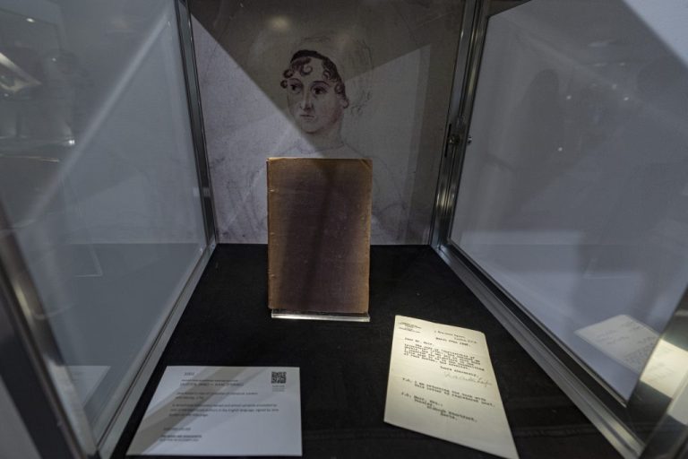A 1791 copy of the book Curiosities of Literature, believed to have belonged to novelist Jane Austen, on display at Sotheby's, Thursday, Nov. 30, 2023, in New York. (AP Photo/Peter K. Afriyie)