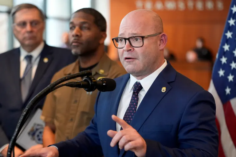 International Brotherhood of Teamsters president Sean O'Brien speaks after meeting with Republican presidential candidate former President Donald Trump in Washington, Wednesday, Jan. 31, 2024. Listening from left are Fred Zuckerman, IBT general secretary-treasurer and Jamarsae Brown, a UPS driver from Portland, Ore.