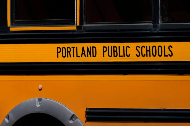 Close-up of a school bus for Portland Public Schools.