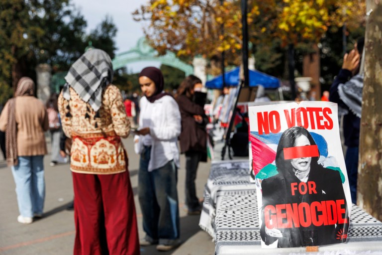 Students protest Vice President Kamala Harris in Sproul Plaza at UC Berkeley on Election Day, Tuesday, Nov. 5, 2024, in Berkeley, Calif.