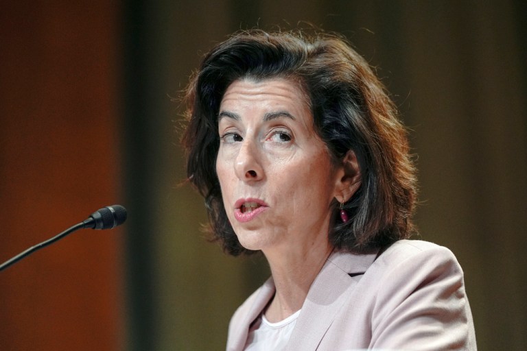 Commerce Secretary Gina Raimondo testifies during a hearing on Capitol Hill.