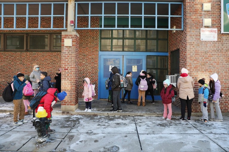 Students arriving for school in Boston.