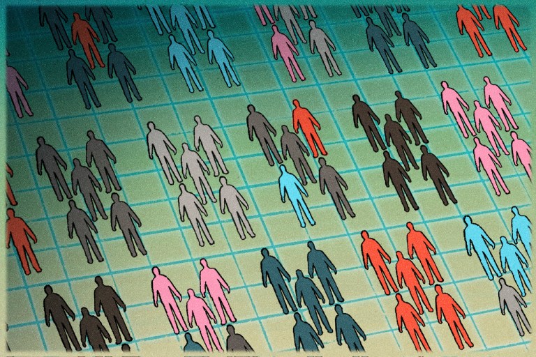 Groups of similarly colored individuals groups together, Anti-DEI illustration.