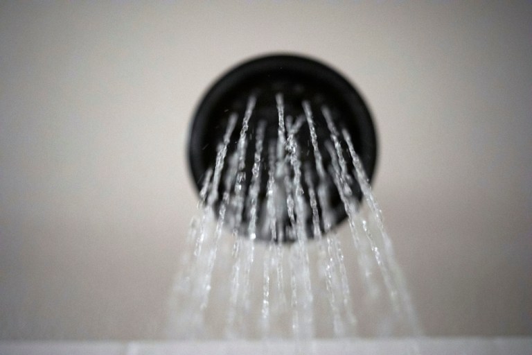 Water flowing out of a showerhead.
