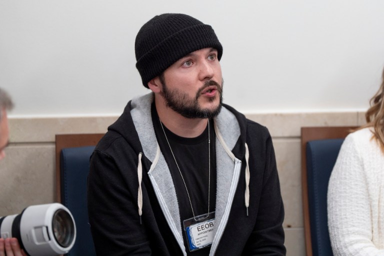 Tim Pool asks a question of White House press secretary Karoline Leavitt in the James Brady Press Briefing Room at the White House, Tuesday, April 22, 2025, in Washington. (AP Photo/Alex Brandon)