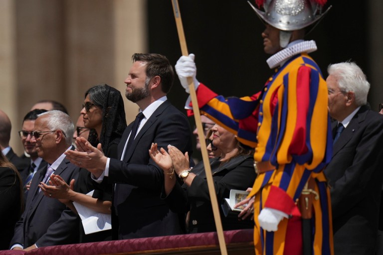 Peru's President Dina Boluarte, Vice President JD Vance, and his wife Usha attend Pope Leo XIV's formal inauguration of his pontificate.