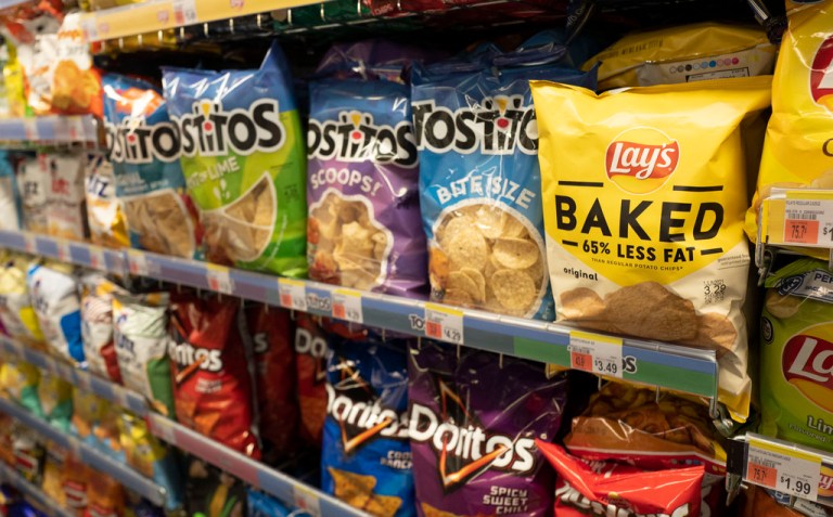 Potato chips are displayed in pharmacy Duane Reade.