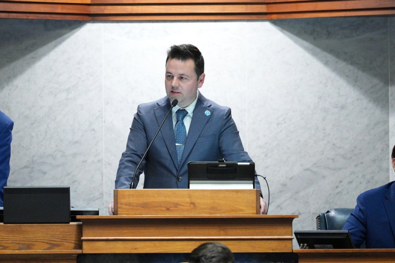 Indiana Lt. Gov. Micah Beckwith presides over the Senate chamber at the Statehouse in Indianapolis.