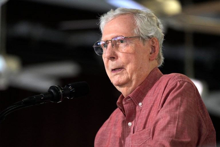 Sen. Mitch McConnell, R-Ky., speaks at the annual Fancy Farm picnic Saturday, Aug. 2, 2025, in Fancy Farm, Ky. (AP Photo/Mark Humphrey)