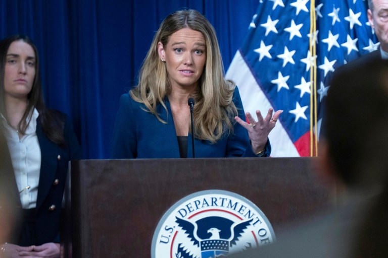 FILE - DHS Assistant Secretary for Public Affairs Tricia McLaughlin speaks during a news conference at ICE Headquarters, in Washington, Wednesday, May 21, 2025. (AP Photo/Jose Luis Magana, File)